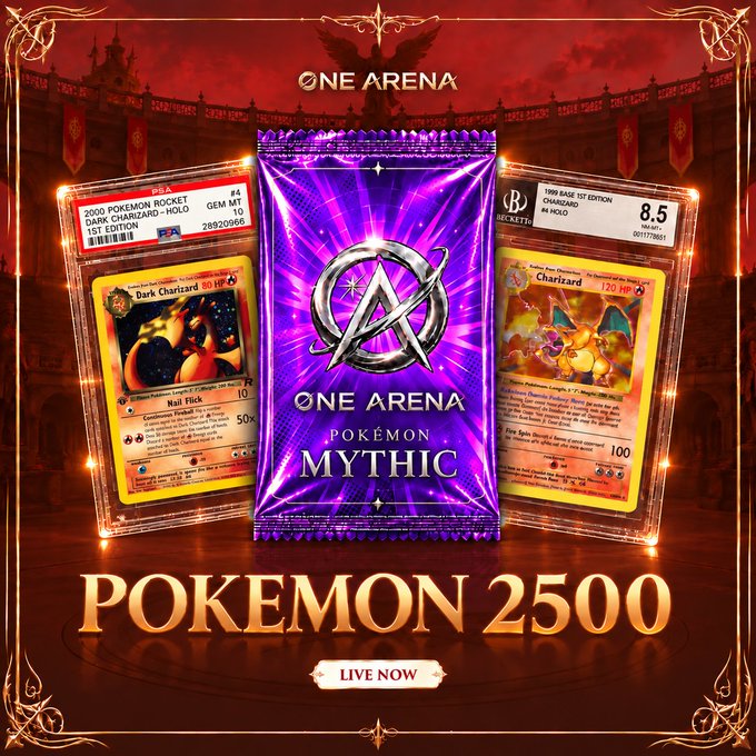 A promotional advertisement for 'ONE ARENA POKEMON MYTHIC' featuring a purple card pack alongside graded PSA 10 Dark Charizard and 1999 Base Set Charizard cards, advertising 'POKEMON 2500' with a 'LIVE NOW' button.