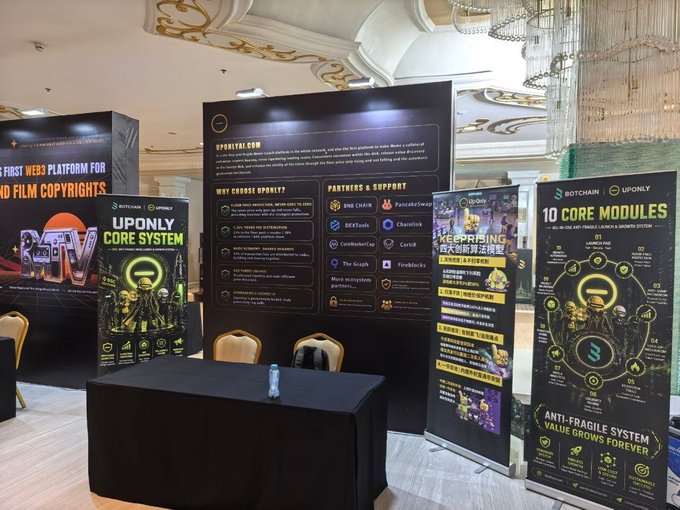 A trade show booth for "UPONLY" displays promotional banners highlighting their core system and key partnerships with BitBot and PancakeSwap on the BSC blockchain, including modules for AI-driven launchpads and an "anti-fragile" value system. The booth setup illustrates the post's point about the BSC ecosystem evolving beyond simple yield farming toward complete, multi-functional project infrastructures.