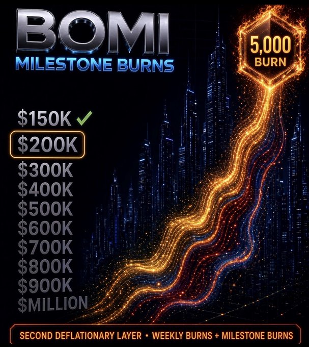 Promotional graphic for 'BOMI MILESTONE BURNS' showing a list of dollar amounts from $150K (checked) to $1 MILLION, with $200K highlighted and a '5,000 BURN' badge over a futuristic city.