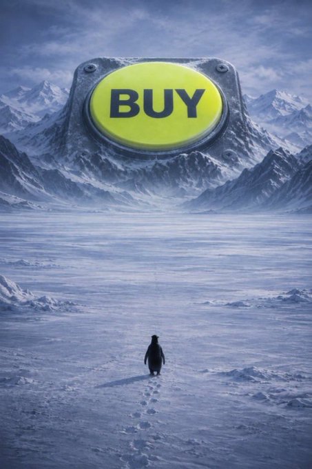 A lone penguin treks across a vast icy landscape toward a massive yellow "BUY" button embedded in a distant snowy peak. The image captures the determined, uphill battle referenced in the post—a rallying call to push hard and loud enough until the $BUY button is inevitably listed.