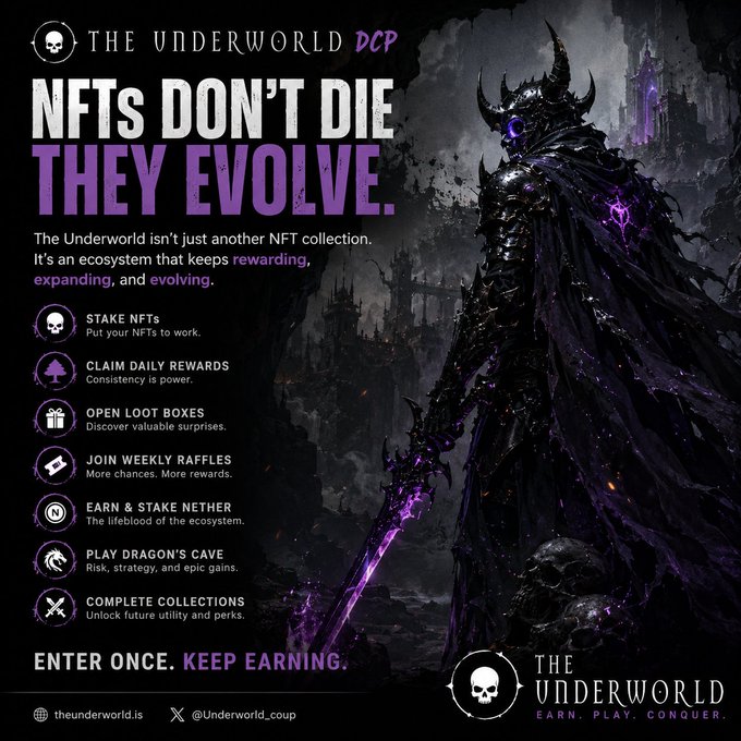 An advertisement for 'The Underworld DCP' NFT project featuring a dark armored knight with purple glowing sword, promoting features like staking NFTs, claiming daily rewards, opening loot boxes, joining raffles, and playing Dragon's Cave, with the tagline 'NFTS DON'T DIE THEY EVOLVE'.