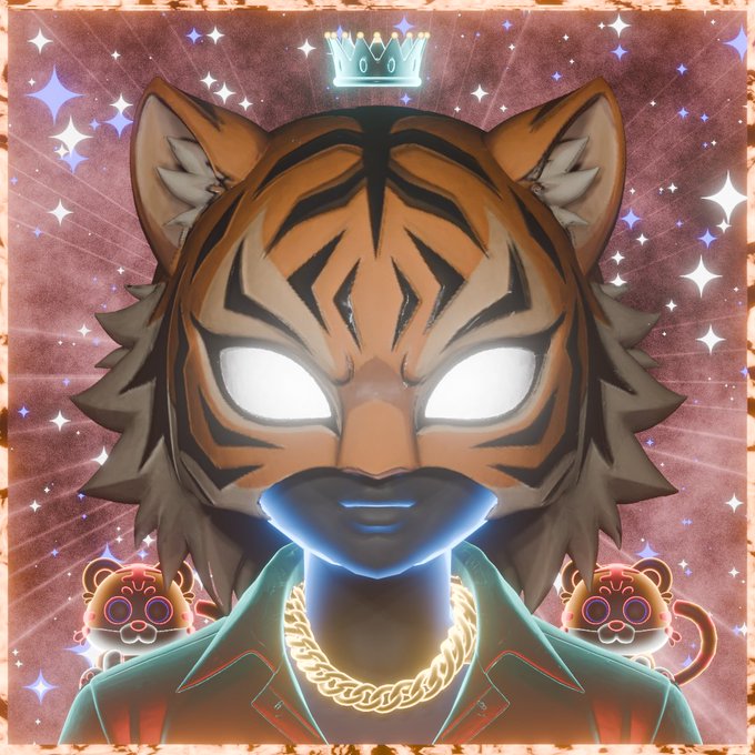 A stylized anthropomorphic tiger character with glowing white eyes, a golden crown, and a thick gold chain necklace stands prominently against a sparkly starry background, flanked by two small red panda-like creatures. The image reflects the post's theme of appreciation for the "NeonSoulsOS" and "Ghostly_Kittens" NFT collections, showcasing the cool, mystical art style the user admires.