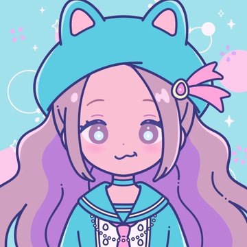 A pastel-colored anime-style illustration of a girl with purple hair wearing a blue frog hat and sailor outfit.