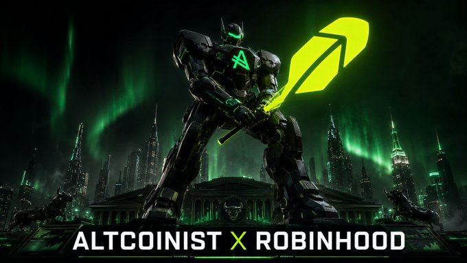 A sci-fi illustration features a mech warrior holding a glowing green feather, with the text 'ALTCOINIST X ROBINHOOD' against a futuristic cityscape and green aurora.