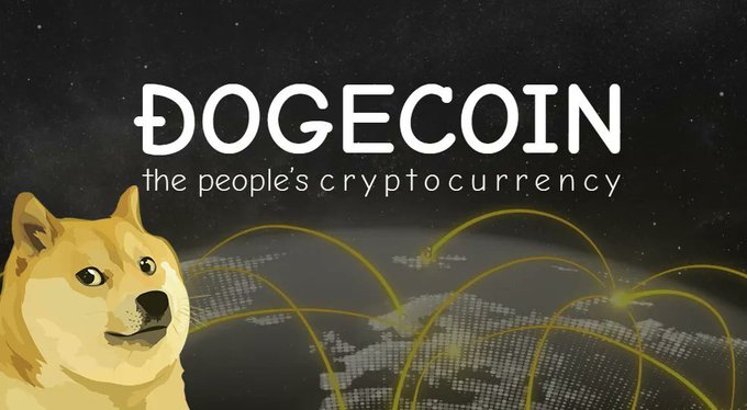 A graphic displaying the text 'DOGECOIN' with the tagline 'the people's cryptocurrency' alongside an illustration of a Shiba Inu dog, set against a dark background with a world map.