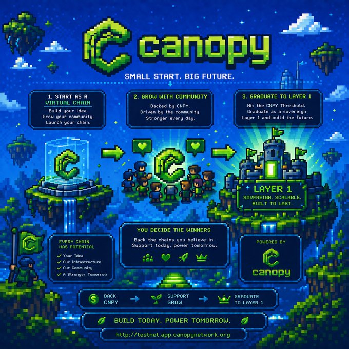 A pixel-art promotional graphic for 'Canopy' blockchain with the tagline 'SMALL START. BIG FUTURE.' showing a 3-step progression from starting as a virtual chain, to growing with community, to graduating to Layer 1.
