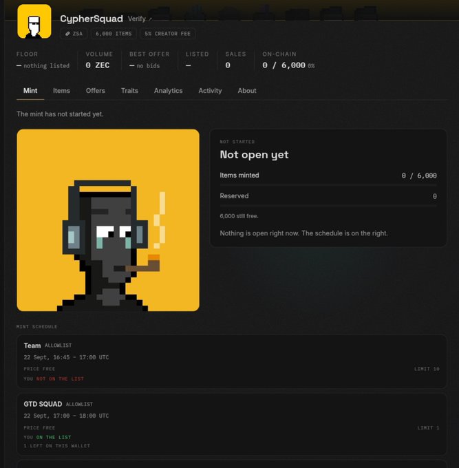 A webpage for the "CypherSquad" NFT collection on ZSA showing 0 of 6,000 items minted with a "Not open yet" status, displaying pixel art of a figure in a hoodie with headphones, alongside a mint schedule listing "Team Allowlist" and "GTD Squad Allowlist" windows at 17:45 and 17:00 UTC respectively. The image relates to the post as it shows the upcoming minting page the user is preparing to participate in for the @CypherSquadZec collection.