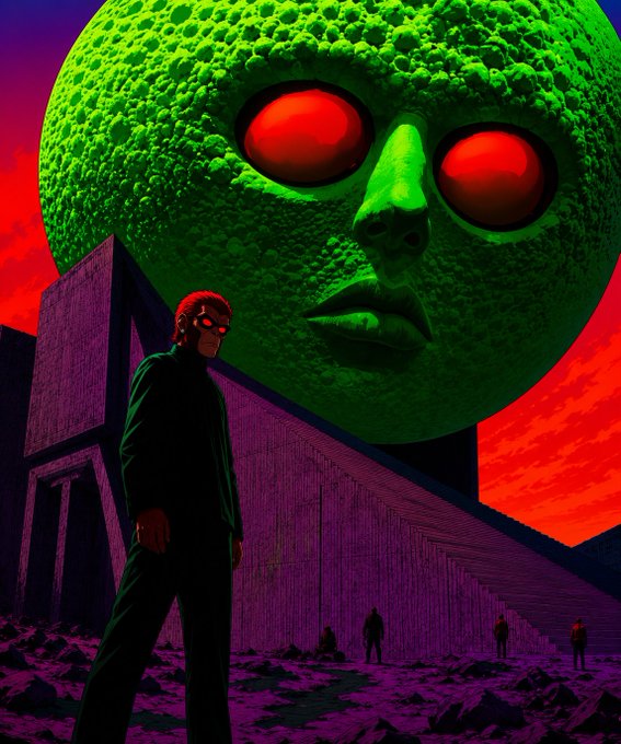 A surreal digital illustration depicting a red-eyed man standing before a massive green moon-like face with red eyes and lips, set against a red sky with small figures in the distance.
