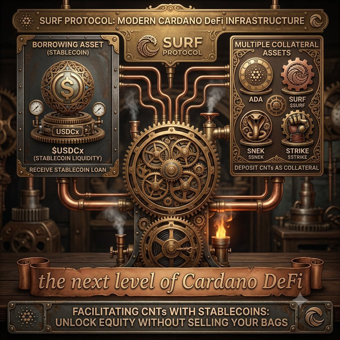 The image is a steampunk-style infographic promoting SURF Protocol as modern Cardano DeFi infrastructure, featuring ornate gears and copper pipes. It illustrates the ability to borrow USDCx (stablecoin) against multiple collateral assets like ADA, SURF, SNEK, and STRIKE CNTs, with the tagline "the next level of Cardano DeFi" and text explaining it facilitates CNTs with stablecoins, allowing users to unlock equity without selling their bags—directly aligning with the post's message about taking USDC loans against CNTs without triggering taxes or losing upside.