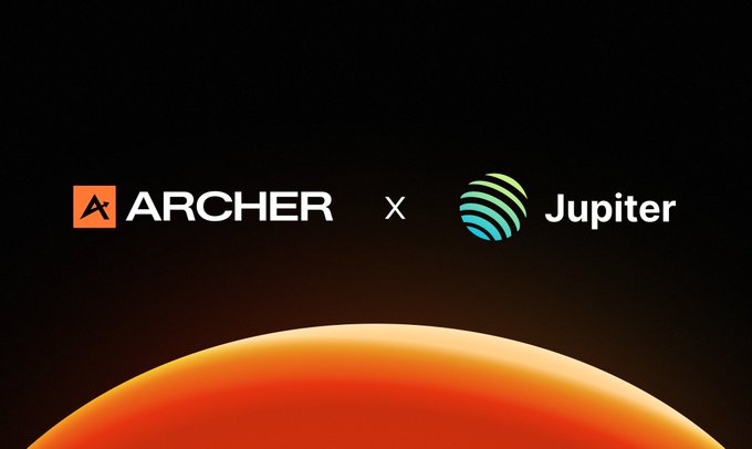 A promotional graphic featuring the Archer logo (with an 'A' icon) alongside a Jupiter logo, separated by an 'x' symbol, set against a dark space-themed background with an orange planetary curve at the bottom.