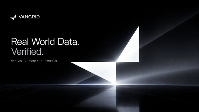 A dark promotional banner for VANGRID featuring the tagline 'Real World Data. Verified.' with the subtext 'CAPTURE / VERIFY / POWER AI' next to a glowing geometric shape.