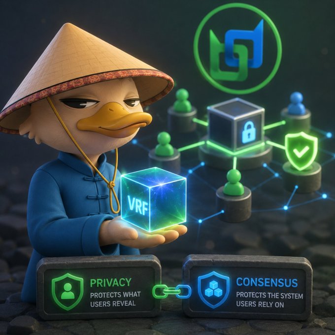A 3D animated cartoon duck wearing a conical hat holding a glowing "VRF" cube, with labels indicating "PRIVACY protects what users reveal" and "CONSENSUS protects the system users rely on."