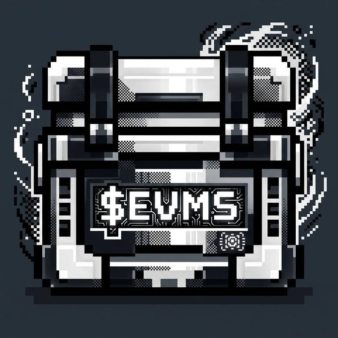 A pixel art-style black and white treasure chest with chains and the text "$EVMS" displayed on its front, promoting a giveaway of two Black & White Boxes containing a total of 34K $EVMS tokens.