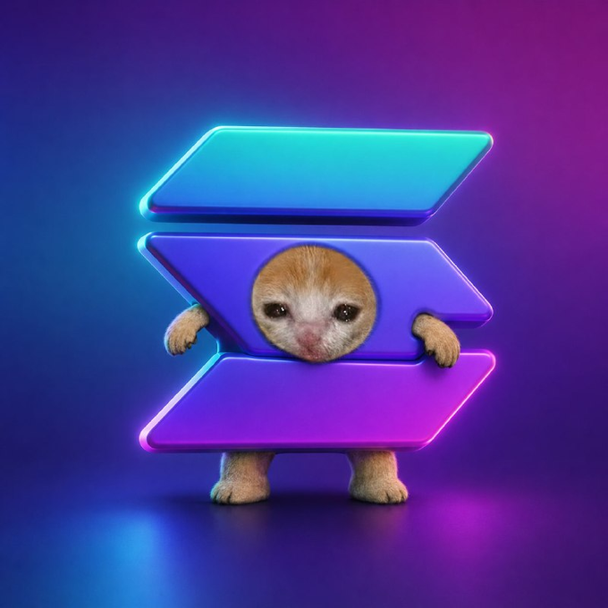 A digital illustration of a small orange and white kitten peeking through the center slot of a glowing neon blue and purple Solana (SOL) logo.