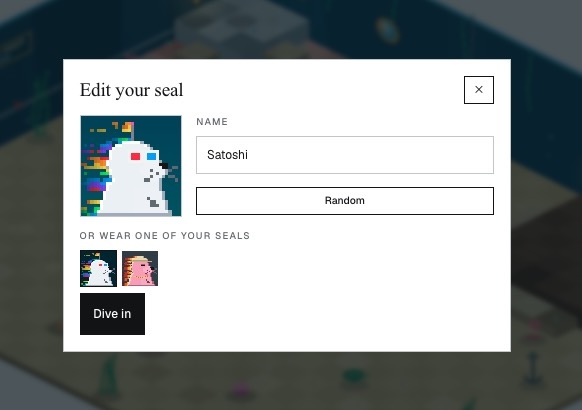 A "Edit your seal" dialog box with the name "Satoshi" entered and a "Dive in" button, allowing holders to wear their seal while exploring the deep water at seals.garden/deep.