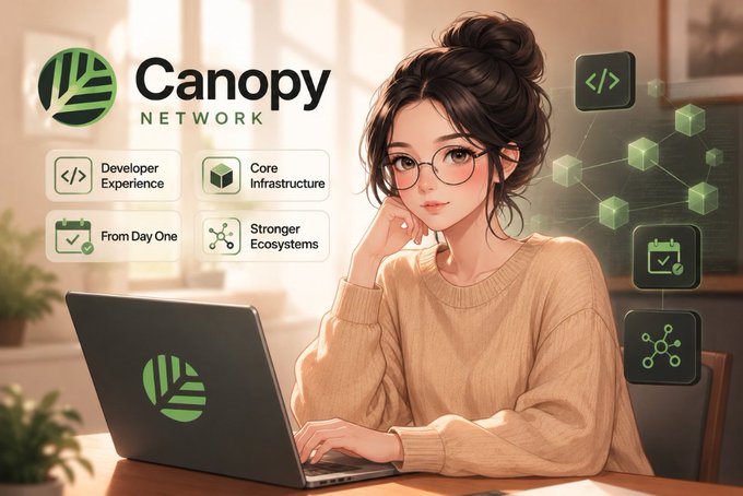 An illustrated image shows a woman with glasses using a laptop featuring the 'Canopy Network' logo, with features listed including Developer Experience, Core Infrastructure, From Day One, and Stronger Ecosystems.