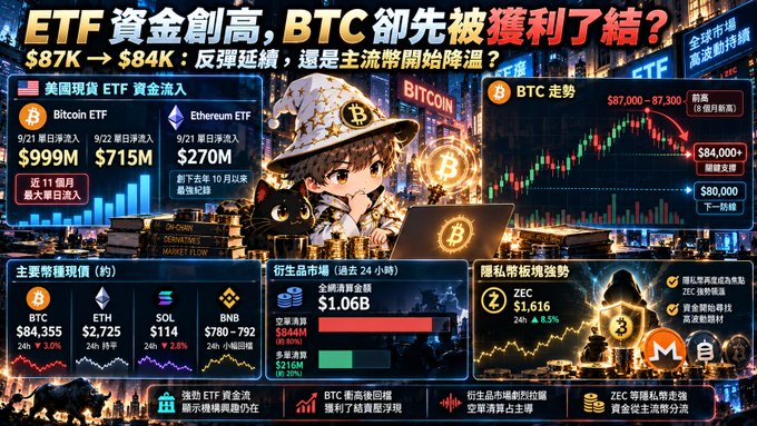 A complex Chinese financial infographic analyzing Bitcoin ETF flows, BTC price movement from $87K to $84K, and market data including BTC at $84,355, ETH, SOL, BNB prices, and ZEC privacy coin strength