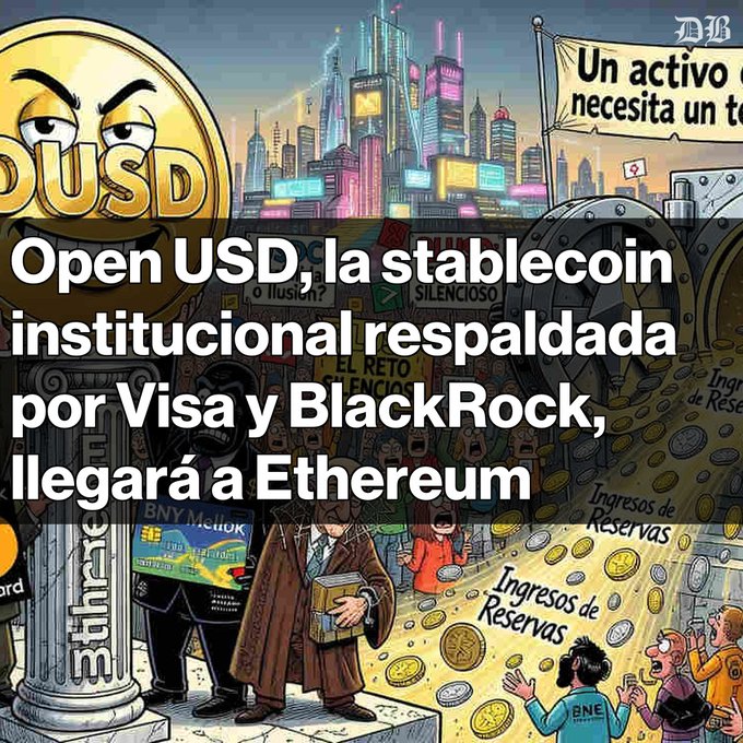 An illustrated graphic from ethnews.com about Open USD, a stablecoin backed by Visa and BlackRock, coming to Ethereum, featuring cartoon gold coins and a vault.