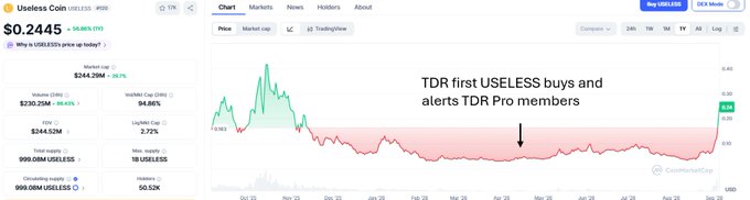 A screenshot displays a price chart for the Useless Coin (USELESS) trading at $0.2445 (up 16.85% on the day) with a market cap of $244.52M and a 24-hour volume of $230.25M, featuring an annotation that reads "TDR first USELESS buys and alerts TDR Pro members" pointing to an early entry point. The image illustrates the post's claim about substantial gains, showing a significant upward price spike corresponding to the 313% unrealized gain mentioned in the accompanying commentary on the memecoin portfolio position.
