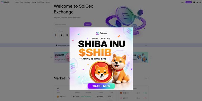 The SolCex Exchange homepage displays a pop-up announcing a new listing of Shiba Inu ($SHIB), featuring a Shiba dog mascot alongside the "$SHIB TRADING IS NOW LIVE" text and a "TRADE NOW" button, directly promoting the launch highlighted in the accompanying post.