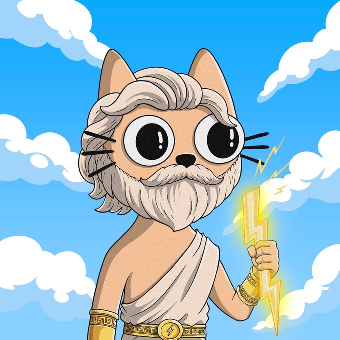 Cartoon illustration of a cat-like character with a gray beard and hair, wearing a white toga, holding a glowing yellow lightning bolt against a blue cloudy sky background.