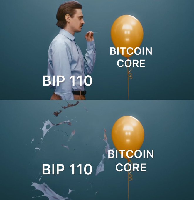 A two-panel meme referencing 'BIP 110' and 'BITCOIN CORE', with the top showing a man about to pop a 'BITCOIN CORE' balloon, and the bottom showing 'BIP 110' having popped into pieces while the 'BITCOIN CORE' balloon remains intact.