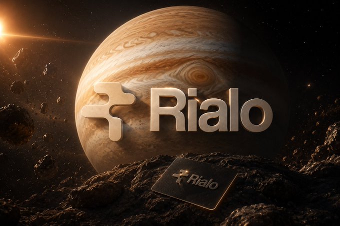 A space-themed logo for 'Rialo' displayed with a metallic card, set against a backdrop of Jupiter and rocky asteroid terrain with a sun flare.