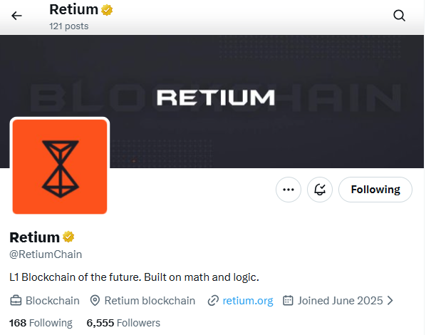 A Twitter/X profile page for "Retium" (@RetiumChain) describing itself as an "L1 Blockchain of the future. Built on math and logic," with 6,555 followers, 168 following, and an orange hourglass-like logo.