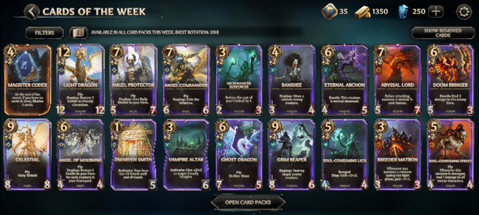 A 'Cards of the Week' screen from a digital card game showing 16 available cards including Magister Codex, Light Dragon, Angel Protector, Banshee, and Doom Bringer.