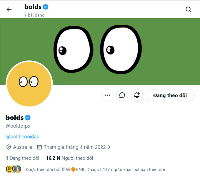 A Twitter/X profile page for 'bolds' (@boldpfps) featuring a cartoon face avatar with googly eyes on a green background, with 16.2N followers based in Australia, showing the 'Đang theo dõi' (Following) button in Vietnamese.