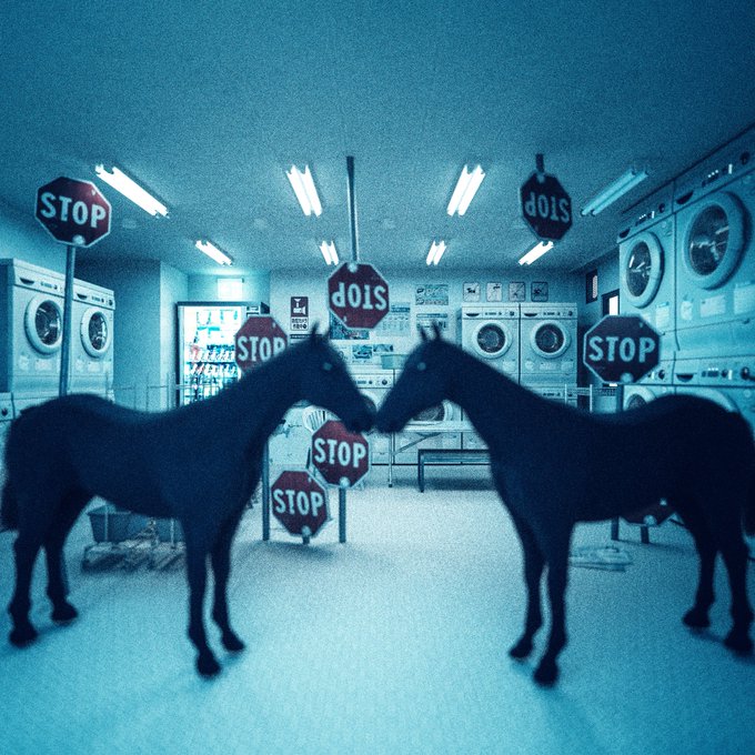Two dark horse silhouettes face each other in a surreal blue-tinted laundromat filled with stop signs and washing machines.