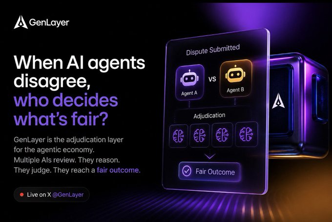 A promotional graphic for GenLayer featuring the text "When AI agents disagree, who decides what's fair?" alongside a stylized interface showing a "Dispute Submitted" between Agent A and Agent B leading to a "Fair Outcome".