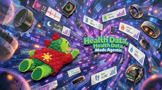 A colorful promotional graphic titled 'Health Data, Health Data, Made Agentic' featuring a green plush character in a red cape surrounded by floating wearable health devices displaying metrics like BPM, calories, steps, and sleep.