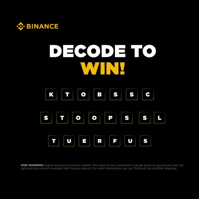 A Binance "Decode to Win" quiz graphic featuring three scrambled 7-letter word puzzles (KTOBSSC, STOOPSSL, TUERFUS) set against a black background with the yellow Binance logo, tied to a TG Talks Live Quiz promotion offering 10 winners $10 USD each within a 1-hour window.