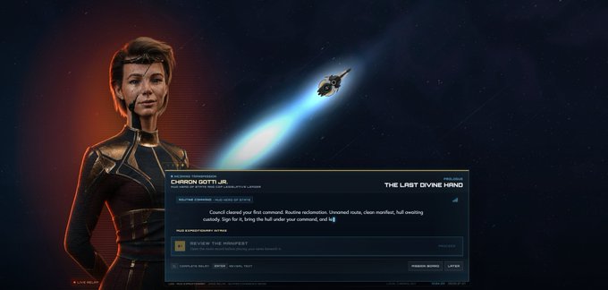 The image shows a promotional screen for "The Last Divine Mind" game, featuring a character labeled "Charon Gott Jr." with a companion droid named "Axis," alongside a spacecraft in space and a mission prompt to "Review The Manifest." The post highlights the game's C4 Playtest Realm recruitment opportunity, with players able to earn XP toward an Origin season airdrop campaign.