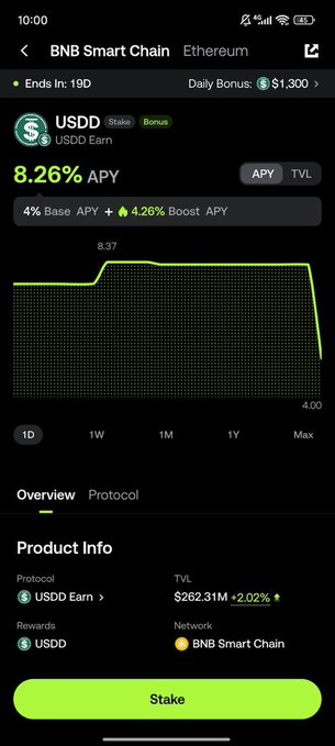 A mobile app screenshot showing a USDD Earn staking opportunity on BNB Smart Chain with an 8.26% APY, featuring a graph of the yield over time.