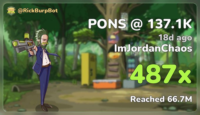 A digital graphic features a cartoon character in a suit holding a gun, with overlay text reading '@RickBurpBot', 'PONS @ 137.1K', '18d ago', 'ImJordanChaos', '487x', and 'Reached 66.7M', likely referencing a Twitch or social media clip.