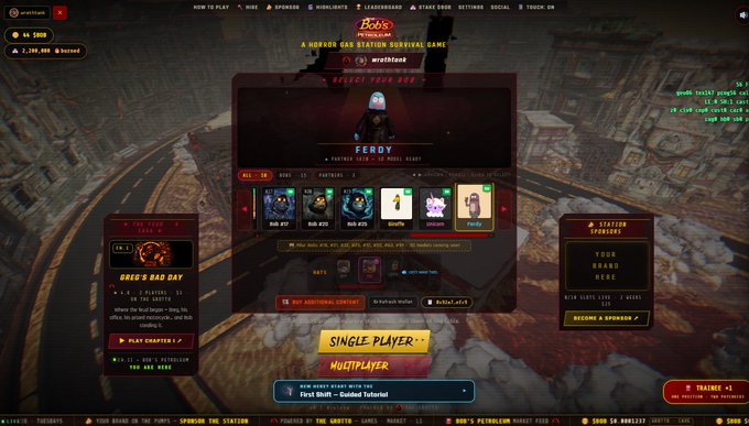 A video game menu for 'Bob's PetroBum Market Feed' featuring hero selection with 'Ferdy' highlighted, along with options for 'Single Player' and 'Multiplayer'.