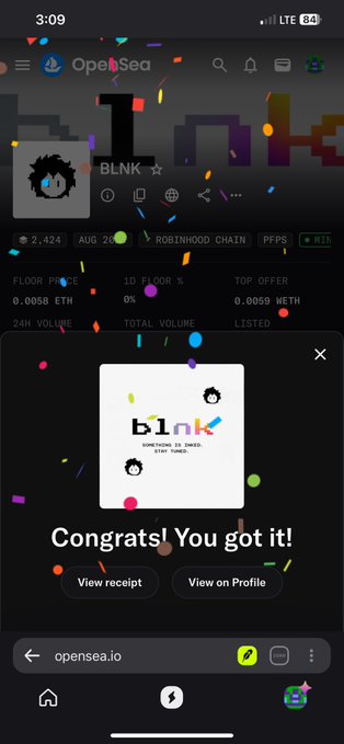 A screenshot of an OpenSea page showing a successful purchase of a "BLNK" NFT on Robinhood Chain for 0.0058 ETH, with a pop-up reading "Congrats! You got it!"—confirming the creator's claim of barely catching the mint before it sold out.