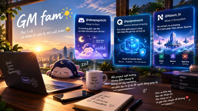 A colorful illustrated workspace scene with 'GM fam' greeting, featuring a laptop, sleeping mascot, coffee mug, and social media posts promoting crypto projects like Sleep-to-Earn, Quipnetwork, and an L1 Ecosystem with Pado, Baram AI, and Spectra Gaming.