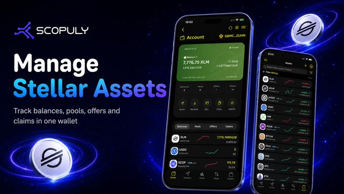 The image features two cell phones side by side, both displaying information about managing Stellar Assets. The first phone has a green screen that says "Manage Stellar Assets" written in white text at the top of the screen. The second phone also displays the same message but with a blue background and white text. Both phones show details about their balances, pools, offers, and claims across the Stellar ecosystem.