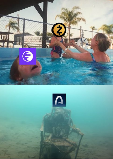 The meme combines two images: the top shows a "drunk baby in pool" meme (a baby being held in a pool by adults) overlaid with Zelle, Fantasy, and what's likely a previous crypto logo, while the bottom shows a skeletal remains in an underwater chair with the Aptos (APT) logo. It humorously illustrates the post's message about crypto Twitter constantly chasing the "new shiny thing"—referencing how interest (and prices) in newer tokens like Aptos have died off underwater, while newer shiny objects like Z and other hyped tokens take their place at the party.