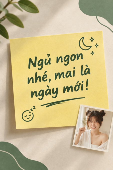 A yellow sticky note with Vietnamese text 'Ngủ ngon nhé, mai là ngày mới!' (Good night, tomorrow is a new day!) alongside a photo of a smiling young woman with double buns hairstyle.