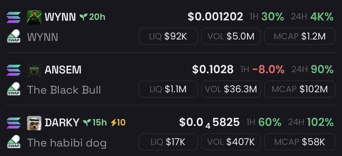 The image displays a cryptocurrency tracking dashboard showing three tokens: WYNN at $0.001202 (30% 1H gain), ANSEM at $0.1028 (-8.0% 1H), and DARKY at $0.045825 (60% 1H, 102% 24H gain) with a market cap of $58K. The post promotes $DARKY ("The habibi dog") as the "real Solana king," aligning with the image's prominent display of DARKY's strong 102% 24-hour price increase.