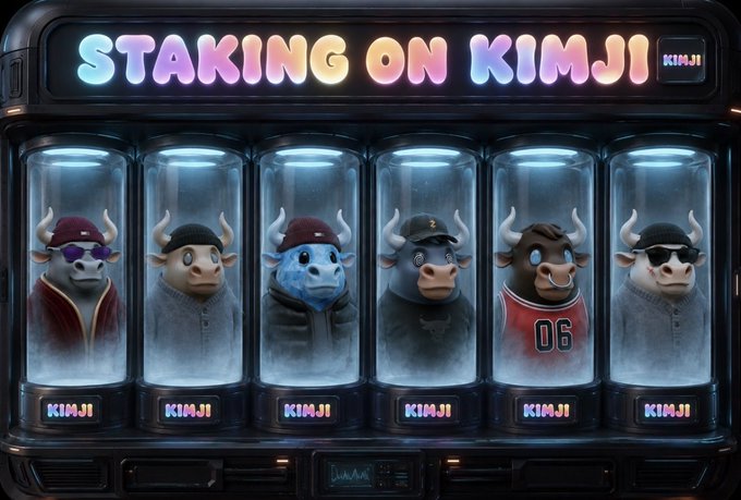 The image features six stylized bull characters in individual display tubes beneath the title "STAKING ON KIMJI," directly illustrating the post's question about how many bulls are currently staked on @Kimji_fun. Each labeled "KIMJI" capsule showcases a uniquely dressed bull—from one wearing a red "OG" jersey to others with sunglasses and beanies—visually representing the bull characters competing for community engagement.
