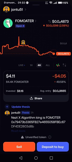 A mobile screenshot of a cryptocurrency trading app shows the token 'FOMOATER' by jontu51 with a current value of $0.0,4873, down 2.59%, showing a -49.58% loss with $4.11 holdings.