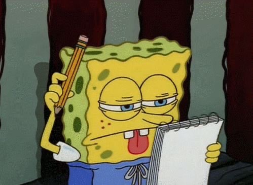 SpongeBob SquarePants holds a pencil and a notepad, looking unamused with half-closed eyes and a flat expression in a cartoon still.