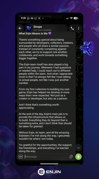 A smartphone screenshot displays a heartfelt message from community member "Strope" to the Enjin team, with the Enjin logo at the bottom and a purple abstract background. The message reflects on community spirit, personal growth, and gratitude for opportunities to become a game developer (SpiritClicker), aligning with the post highlighting Strope's journey from community moderator to game builder.