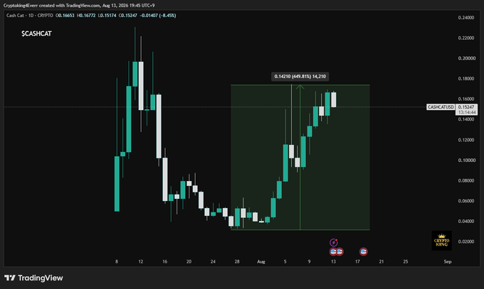 A TradingView candlestick chart of $CASHCAT/USD shows the token surging approximately 495.81% (+49.81%) from its late-July bottom to around $0.15247, with the price action contained within a green-shaded bullish zone approaching a new all-time high. The chart visually reinforces the post's bullish thesis, highlighting the steep rally that has nearly pushed $CASHCAT to a dollar in value.