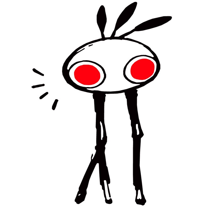 A black and white cartoon illustration of a stick-figure creature with a round head, rabbit-like ears, large red eyes, and bony legs, appearing to shout or make noise.